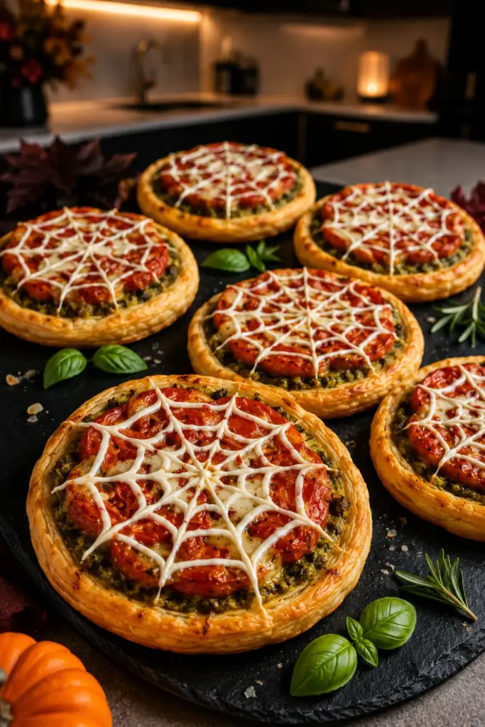 Spiderweb puff pastry tarts topped with tomato, pesto, mozzarella, and a delicate sour cream web for Halloween.
