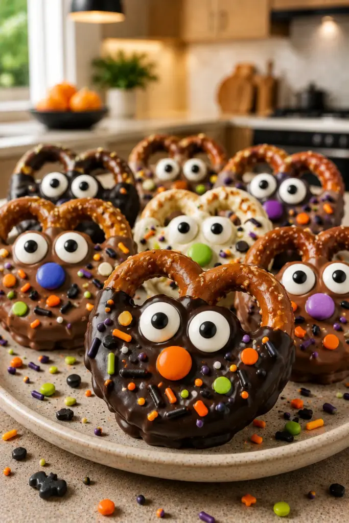 Spooky chocolate-covered pretzel monsters decorated with candy eyes and Halloween sprinkles for kids and parties.
