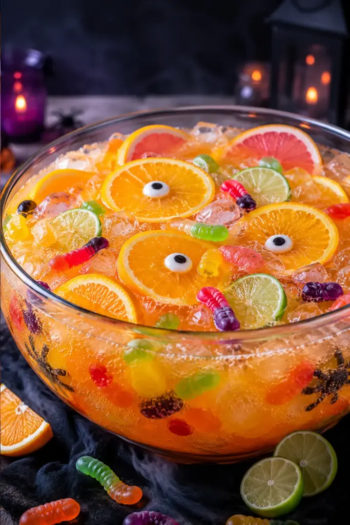 Spooky Citrus Monster Punch made with orange juice, grapefruit soda, vodka, lime, and Halloween gummy candies in a bright, colorful monster-themed presentation.