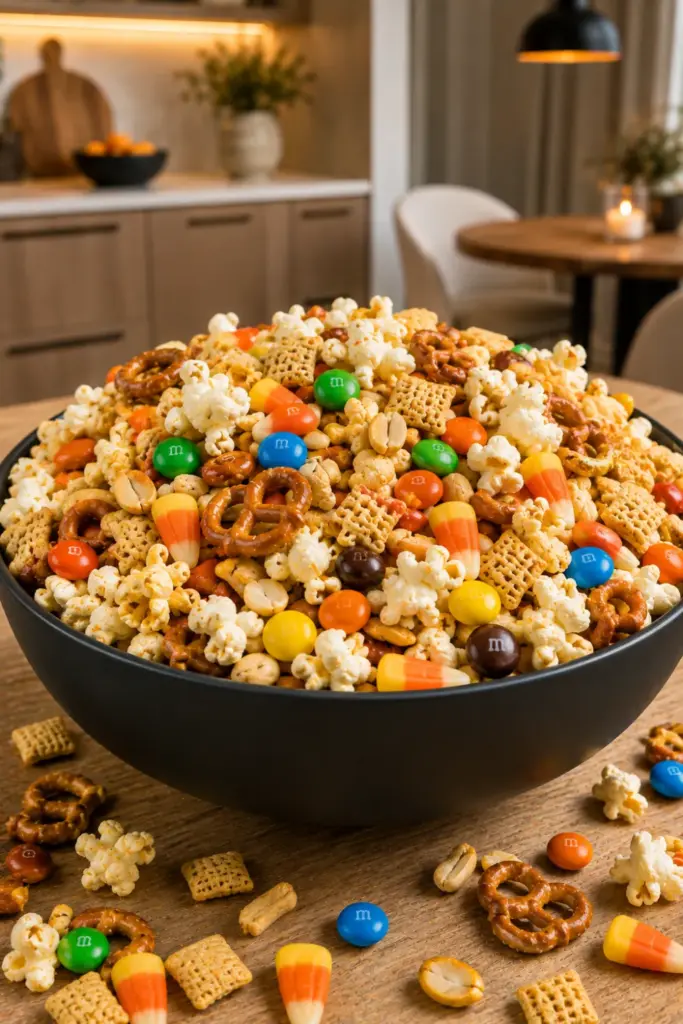 Spooky Halloween Snack Mix with popcorn, Chex cereal, pretzels, candy corn, Halloween M&M's, and peanuts for easy Halloween candy mix ideas for parties.