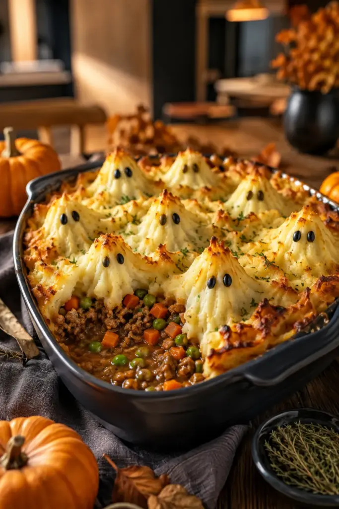 Spooky shepherd's pie topped with mashed potato ghosts for an easy Halloween dinner recipe idea.