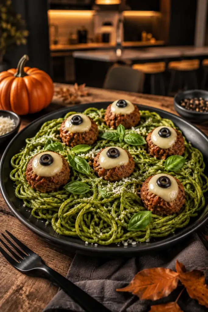 Green spinach spaghetti topped with mozzarella and olive-eyed meatballs for Halloween dinner.