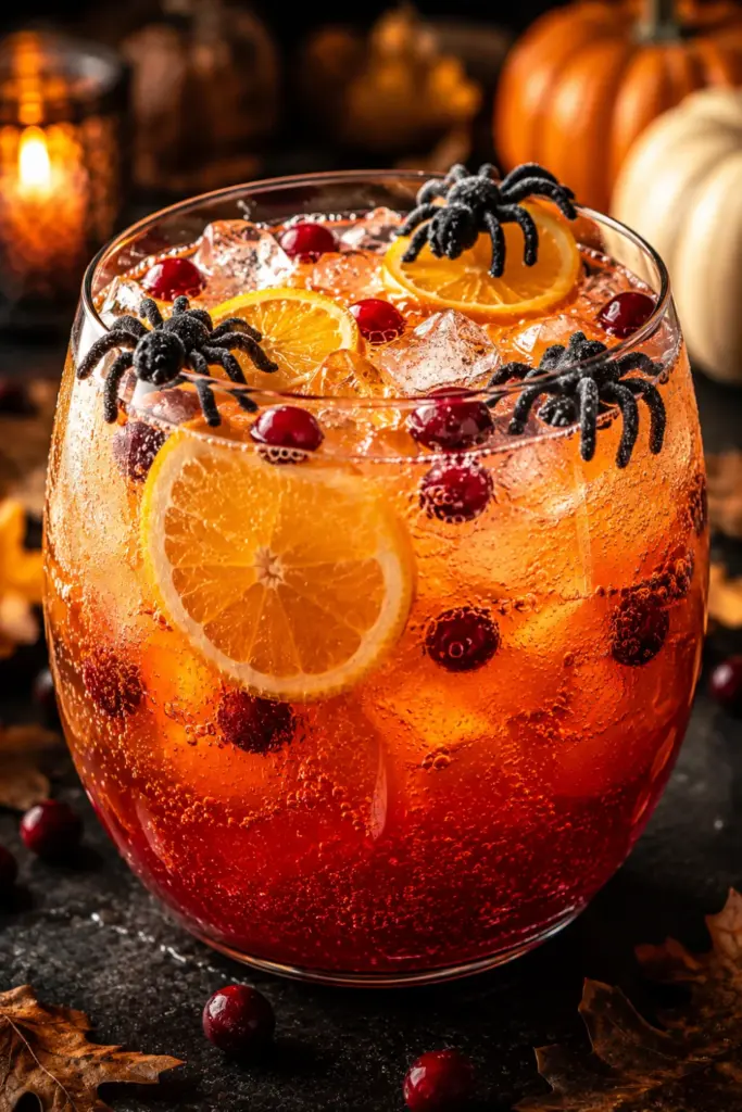 Spooky Spider Punch with apple cider, cranberry and orange juices, fizzy soda, ice, orange slices, and a candy spider garnish.