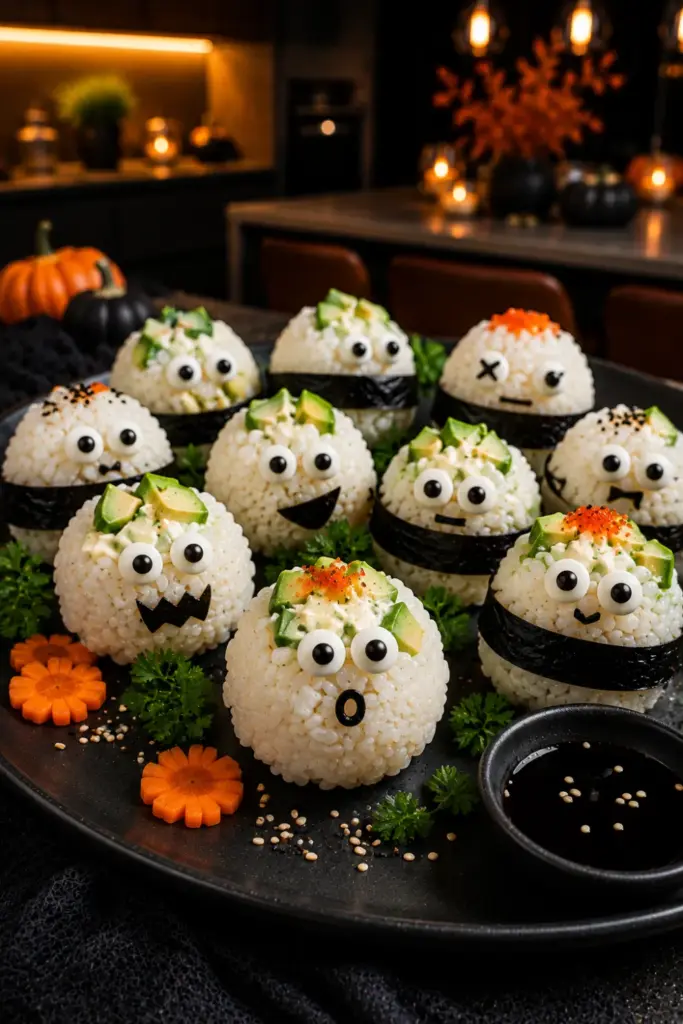 Festive spooky sushi rice balls wrapped with nori, filled with creamy avocado, and decorated with edible candy eyes for Halloween parties.