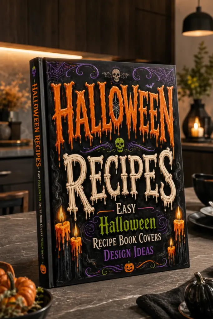 Spooky Halloween recipe book cover with melting typography, bone-shaped lettering, and dramatic orange accents.