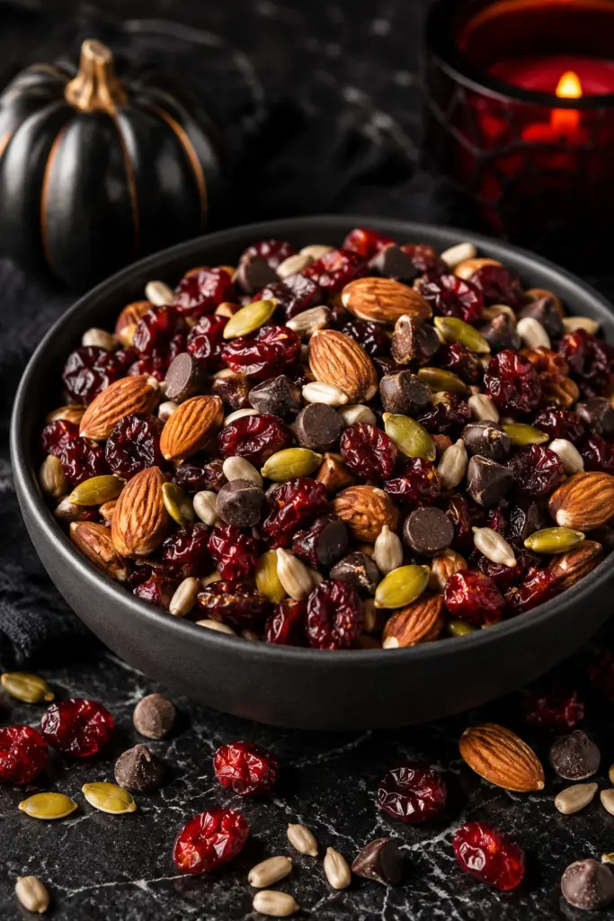 Spooky vampire bite gluten-free Halloween trail mix with dark chocolate chips, dried cranberries, pumpkin seeds, almonds, and sunflower seeds in red and black Halloween colors.