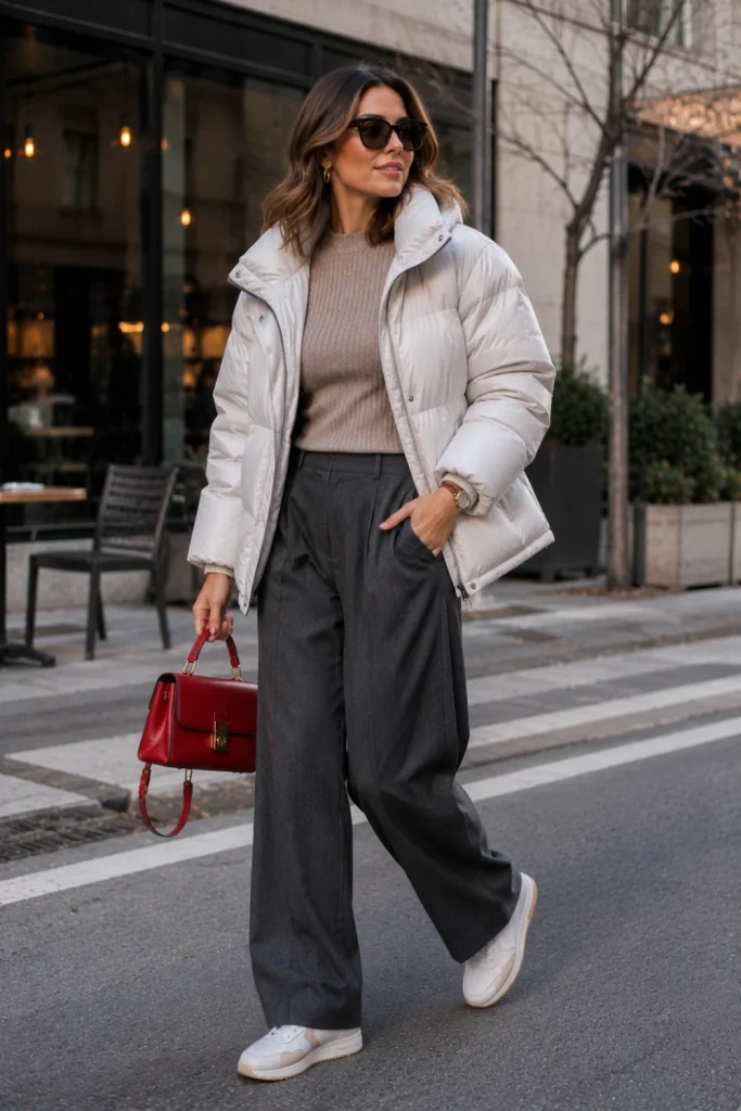A trendy woman wearing a warm puffer, knit top, relaxed trousers, sneakers, and polished accessories for an elevated modern winter outfit.