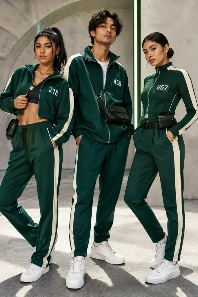 Three friends in modern green Squid Game-inspired tracksuits styled as trendy 2026 Halloween trio outfits with white sneakers, player numbers, sleek hair, and minimalist makeup.