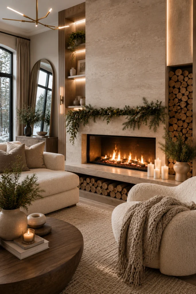 Statement modern winter fireplace with layered logs, candles, pine greenery, textured textiles, warm lighting, and contemporary décor.