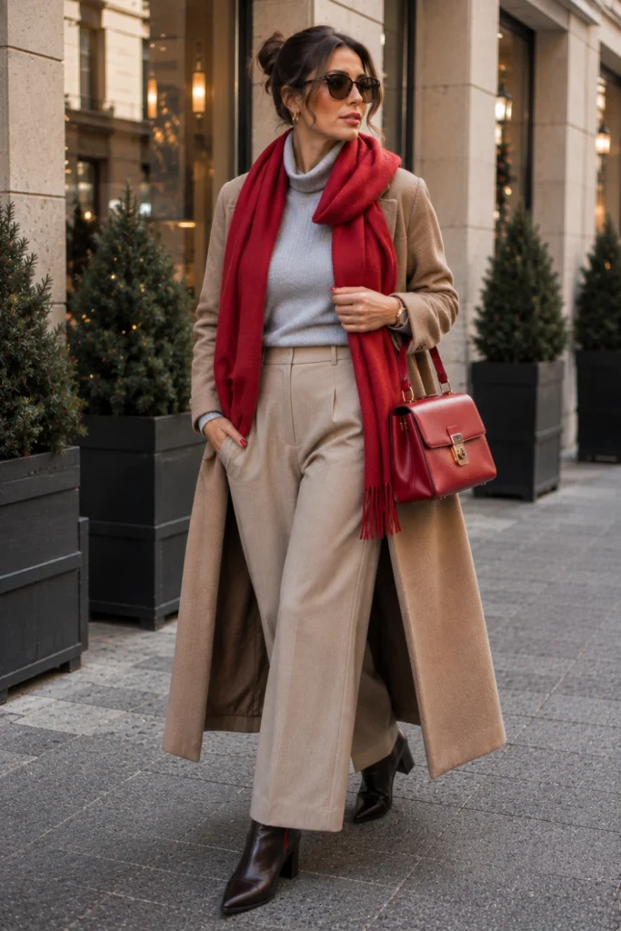 A chic woman wearing a neutral winter outfit elevated with bold red accessories, including a scarf, handbag, and stylish boots for a modern seasonal statement.