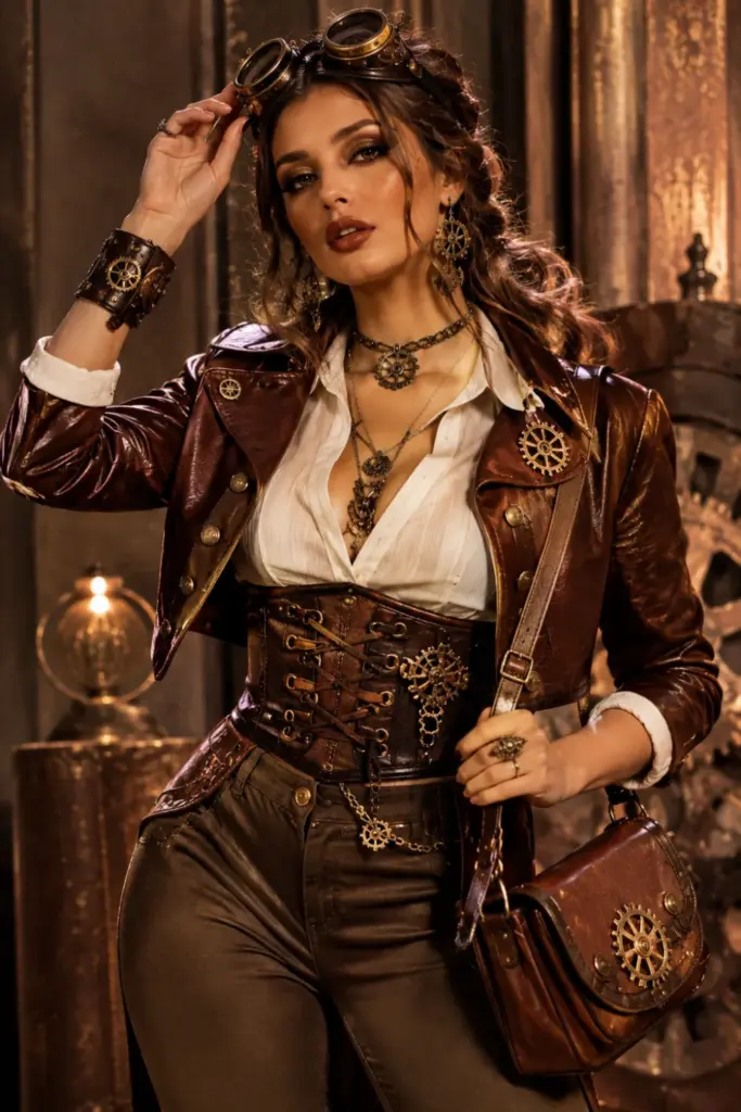 Modern steampunk adventurer Halloween outfit with tailored corset fashion, bronze accessories, goggles, and contemporary 2026 makeup.