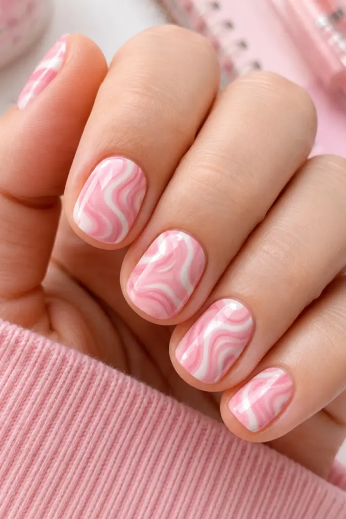 Cute short strawberry milk swirl nails in soft pink and creamy white for a stylish school season manicure.