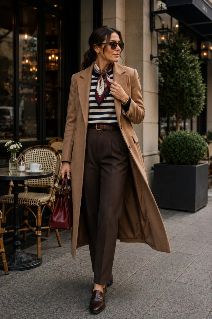 A classic striped knit styled with tailored trousers, a long coat, loafers, and a silk-style scarf for a chic old-money winter outfit.