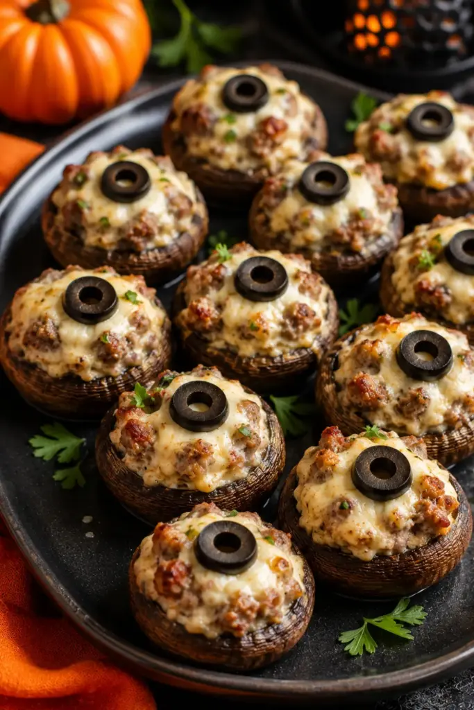 Ultra-realistic stuffed mushroom eyeballs filled with sausage, cream cheese, and Parmesan, topped with sliced black olive pupils and served as a spooky Halloween appetizer.