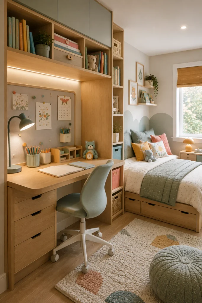 Stylish modern kids' bedroom with built-in desk, organized study zone, light oak storage, colorful accents, and contemporary 2026 decor.