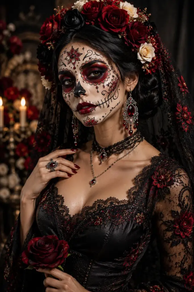 Sugar Skull Catrina Halloween makeup with floral face detailing, elegant black outfit, ornate accessories, and contemporary 2026 styling.