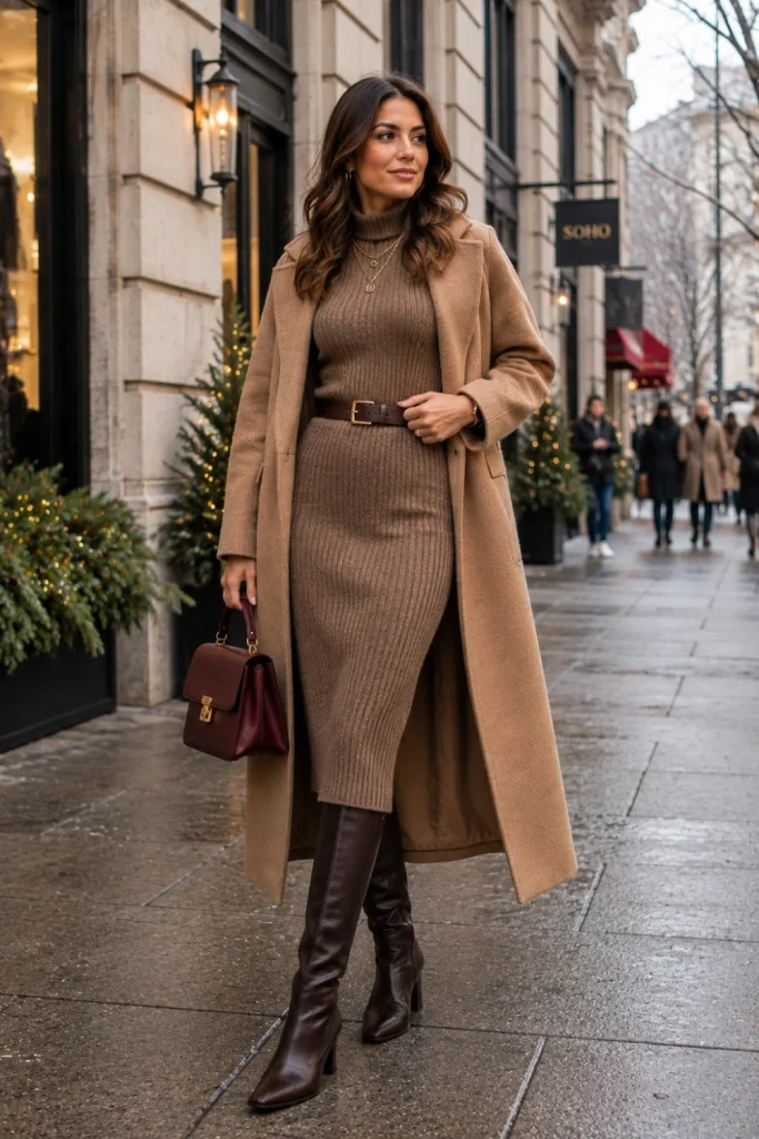 Elegant 2026 winter outfit featuring a cozy taupe sweater dress, knee-high leather boots, long wool coat, belt, and modern gold accessories.