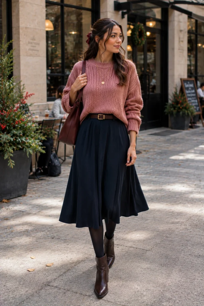 A stylish winter school outfit featuring a cozy sweater, midi skirt, warm tights, and ankle boots in a contemporary 2026 student fashion setting.