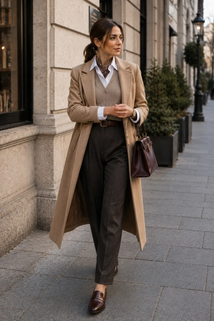 A chic sweater vest over a crisp shirt with tailored trousers, leather loafers, and camel outerwear in a modern old-money winter look.