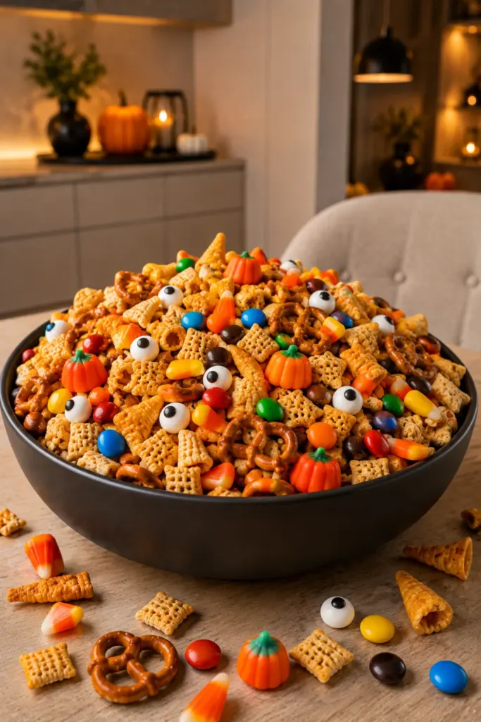 Sweet and Salty Halloween Harvest Mix with Chex cereal, Bugles, pretzels, candy corn, candy pumpkins, M&M's, and candy eyeballs for easy Halloween candy mix ideas for parties.