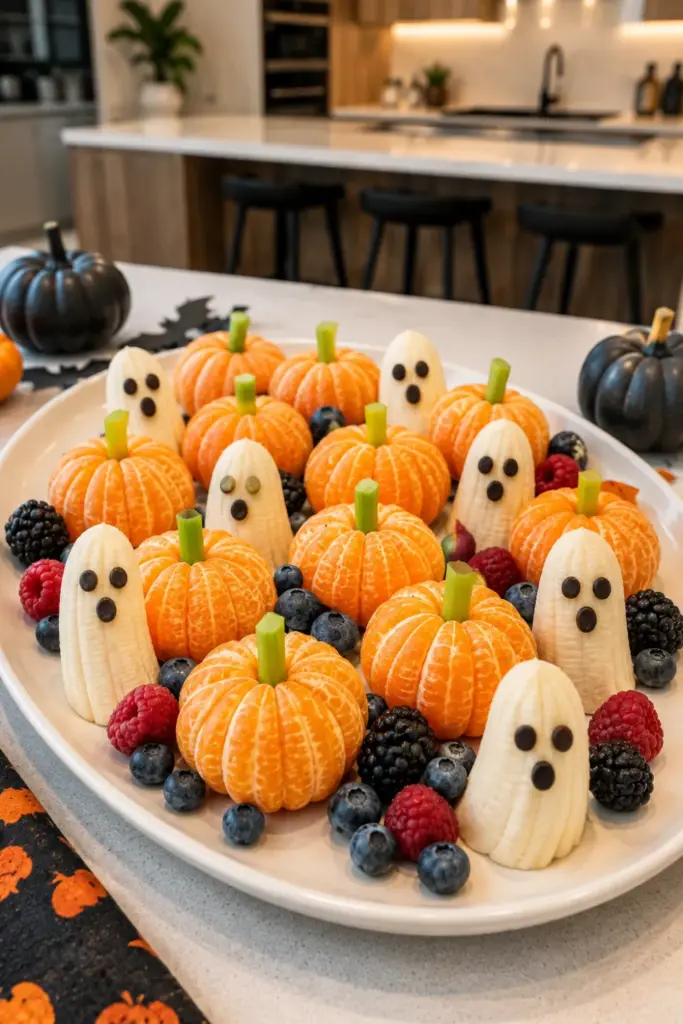 Easy Halloween Lunch Recipe Ideas: Fun Favorites with clementine pumpkins and banana ghosts arranged on a colorful Halloween fruit platter.