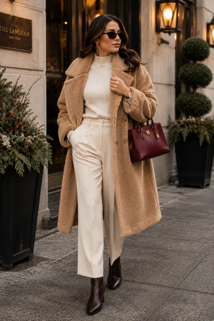 Modern 2026 winter fashion outfit featuring a plush camel teddy coat, monochrome cream basics, tailored trousers, boots, and elegant accessories.