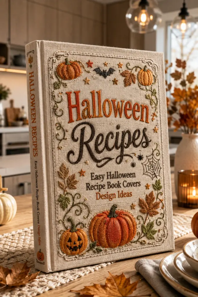 Textured fabric Halloween recipe book cover with linen, stitched embroidery, pumpkins, and warm autumn details.