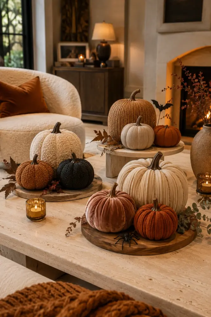 Velvet, boucle, and fabric pumpkins arranged in elegant clusters on a modern coffee table for Best Halloween Aesthetic Design Ideas for Every Home.