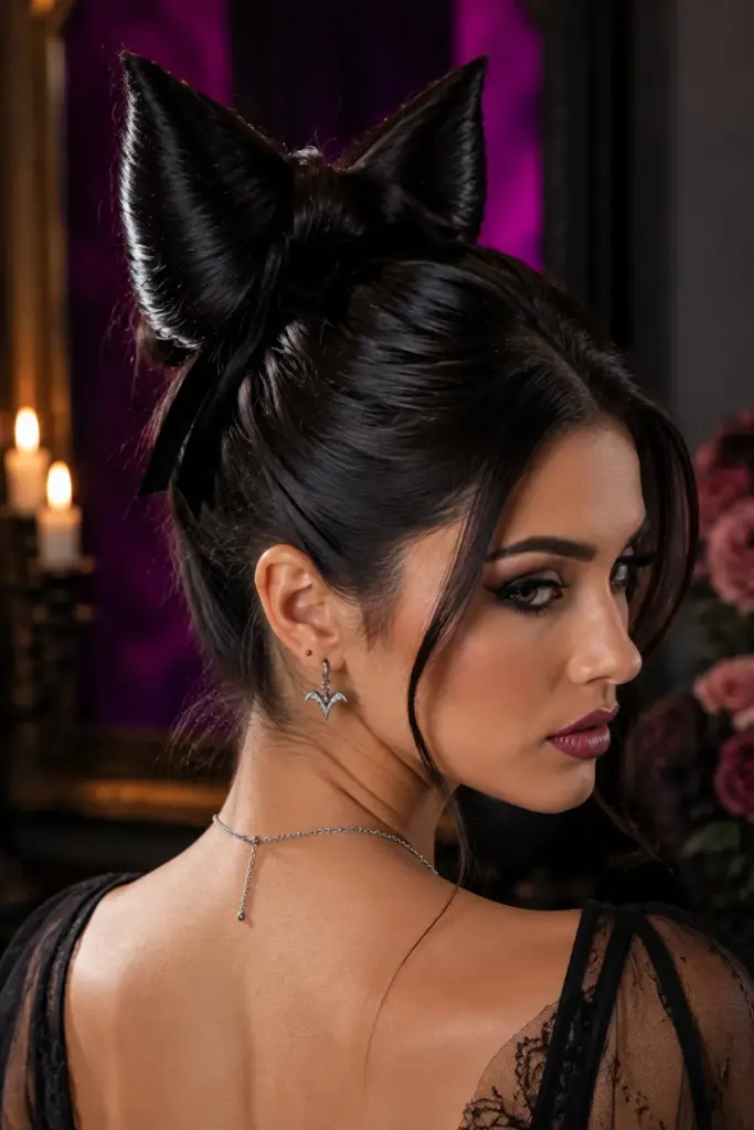 Modern black bat bun hairstyle with pointed bat-ear details for Easy Best Halloween Hair Design Ideas for Stunning Looks