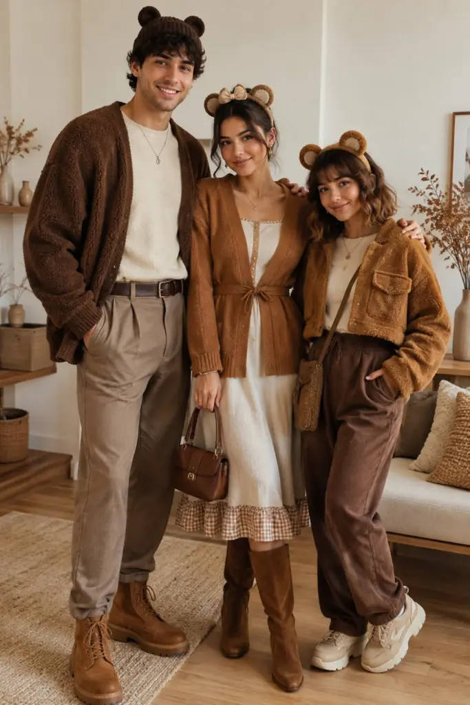 Three friends dressed as Papa Bear, Mama Bear, and Baby Bear in cozy modern 2026 Halloween trio outfits with brown layers, bear-ear accessories, boots, and playful styling.