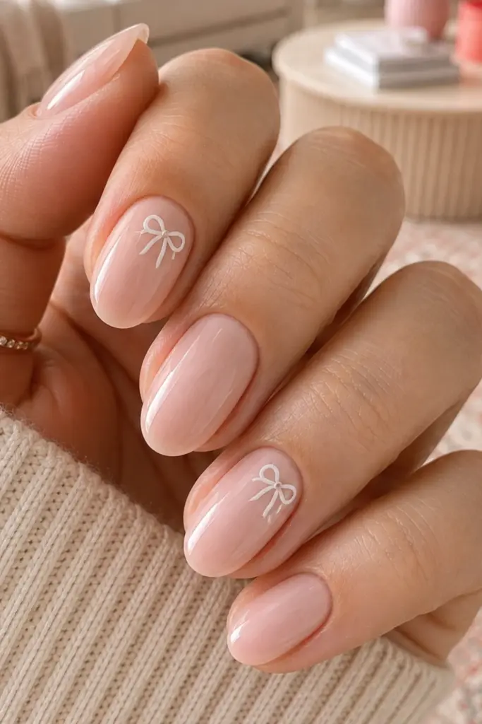 Tiny bow accent clean girl nails on a neutral base for a cute feminine back-to-school manicure.