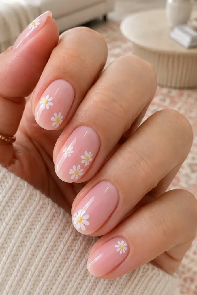 Tiny white daisy nail art on soft pink clean girl nails for a cute back-to-school manicure.