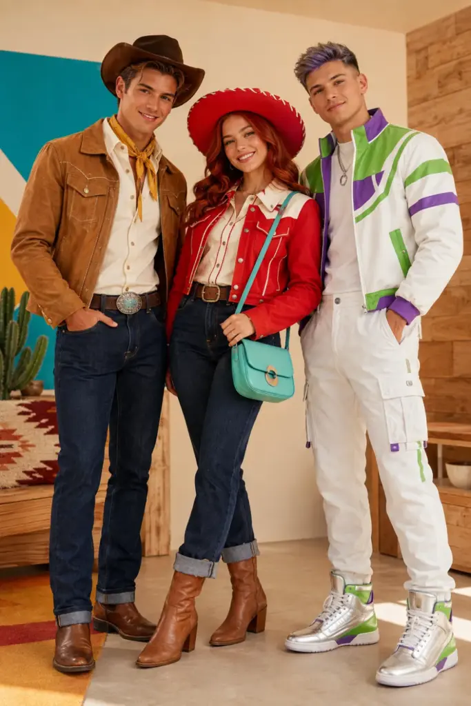 Three friends in modern 2026-inspired Woody, Buzz, and Jessie Halloween trio outfits with cowboy details, futuristic streetwear, modern boots, makeup, and colorful accessories.