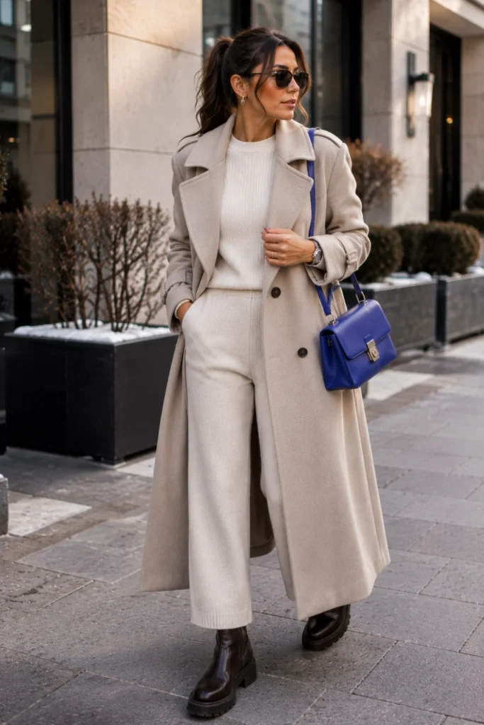 A modern woman wearing a structured winter coat over a matching knit set with lug boots and a polished shoulder bag in a contemporary seasonal outfit.