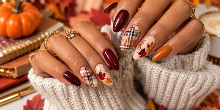 Trendy fall-inspired back-to-school nail design ideas featuring burgundy, burnt orange, plaid, autumn leaves, and elegant gold accents on almond-shaped nails.