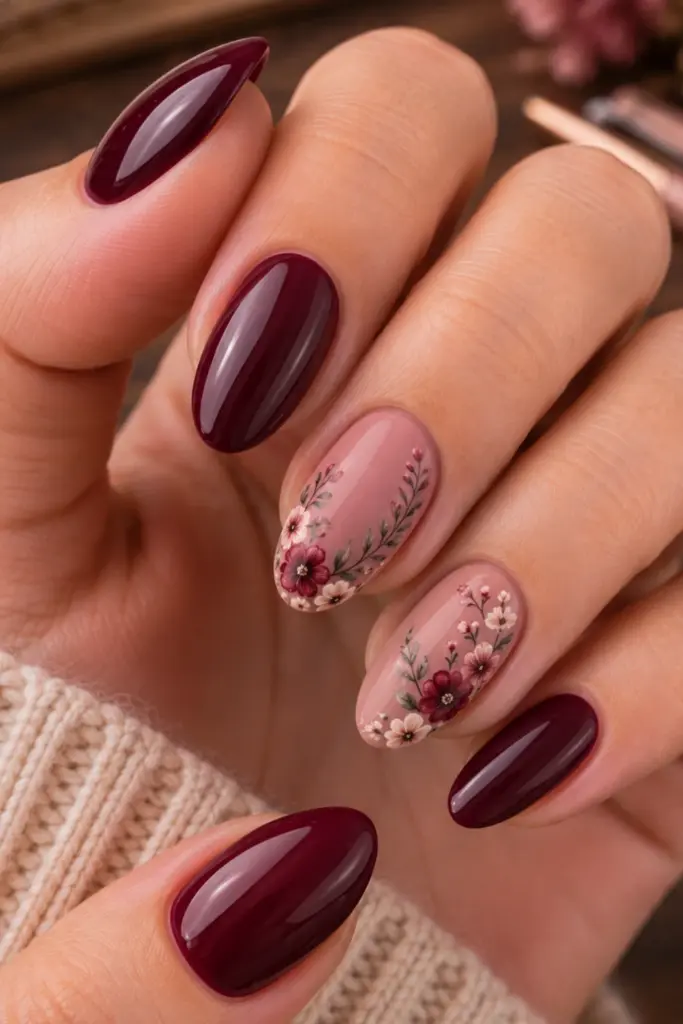 Burgundy and dusty rose floral back-to-school nails with soft autumn blooms and elegant romantic accents.