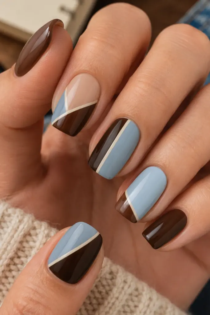 Chocolate brown and baby blue color-block back-to-school nails with crisp geometric sections and a modern autumn finish.