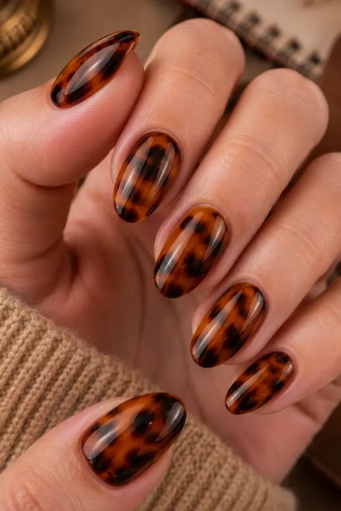Cinnamon brown tortoise shell back-to-school nails with caramel and espresso layers for a warm vintage-inspired fall manicure.