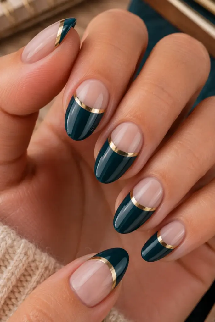 Deep teal and gold half-moon negative-space back-to-school nails with an elegant modern autumn finish.
