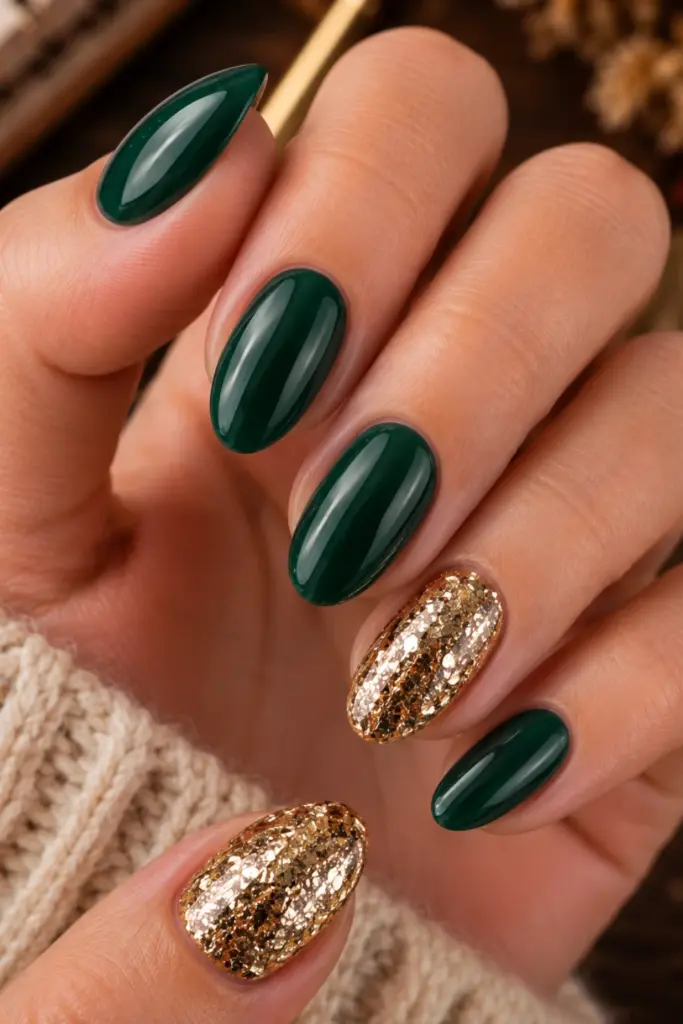 Emerald green and chunky gold glitter back-to-school nails with a luxurious jewel-tone autumn manicure.