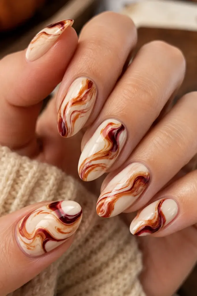 Moody maroon and burnt-orange swirl marble nails with a warm cream base for a chic autumn back-to-school manicure.