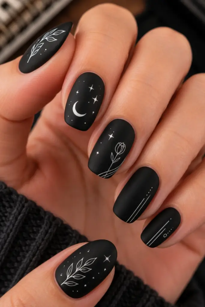 Matte black back-to-school nails with delicate white minimalist line art in a chic monochrome fall manicure.