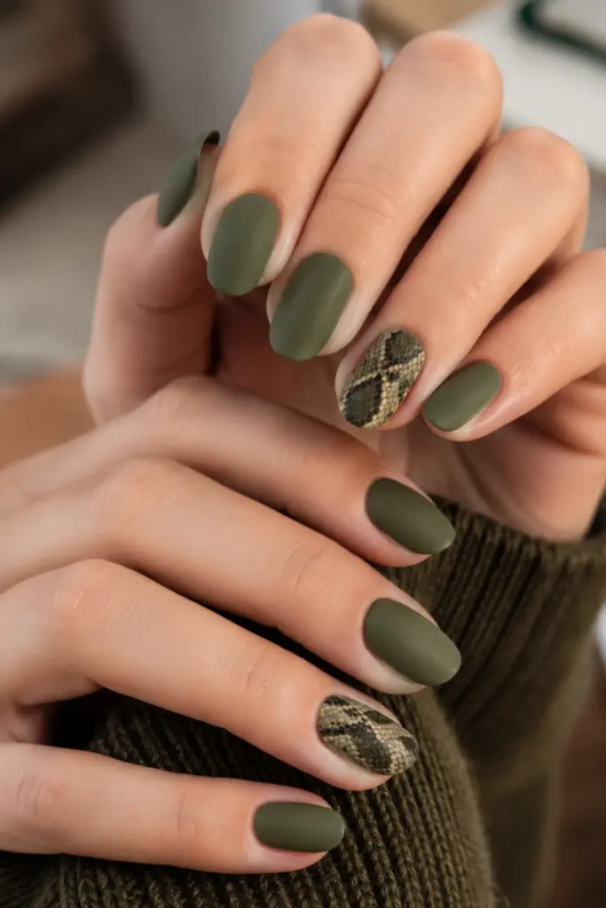 A matte olive green back-to-school manicure with subtle snakeskin accent nails in a sophisticated edgy fall palette.