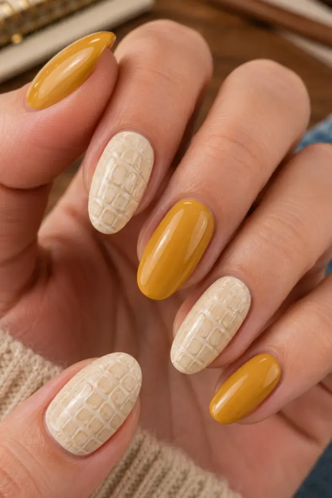 Mustard yellow and cream crocodile-textured back-to-school nails with a chic dimensional autumn manicure