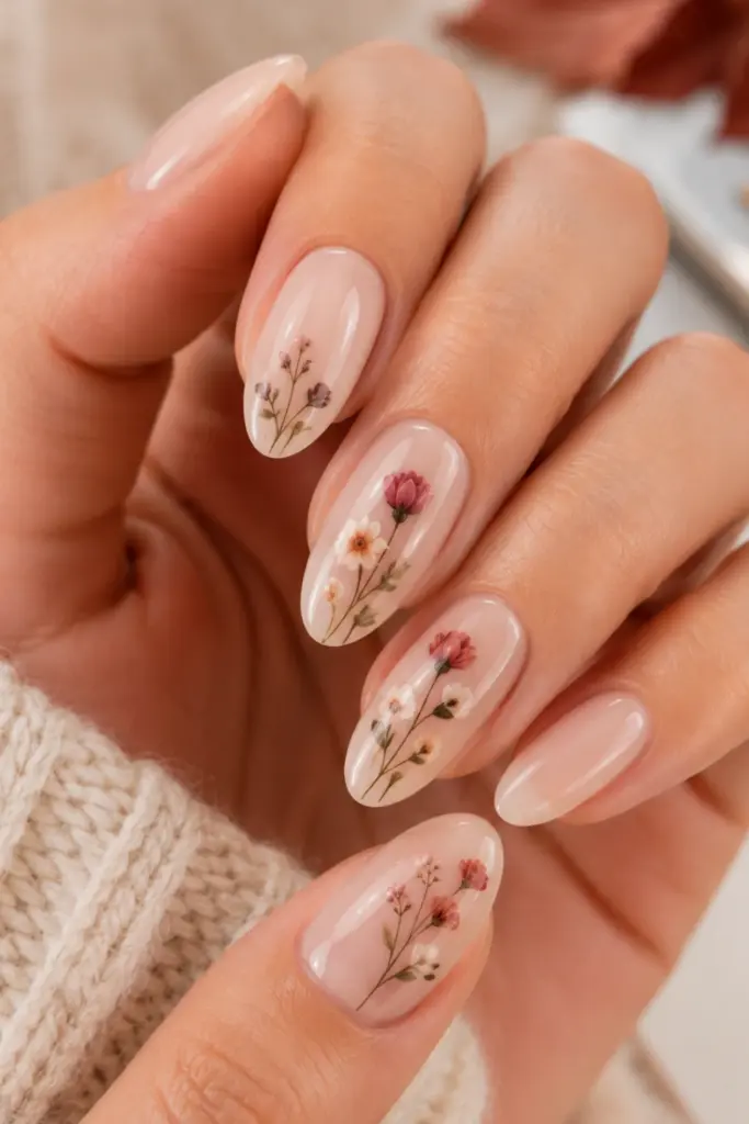 Minimalist nude back-to-school nails with delicate dried floral accents in muted autumn colors.