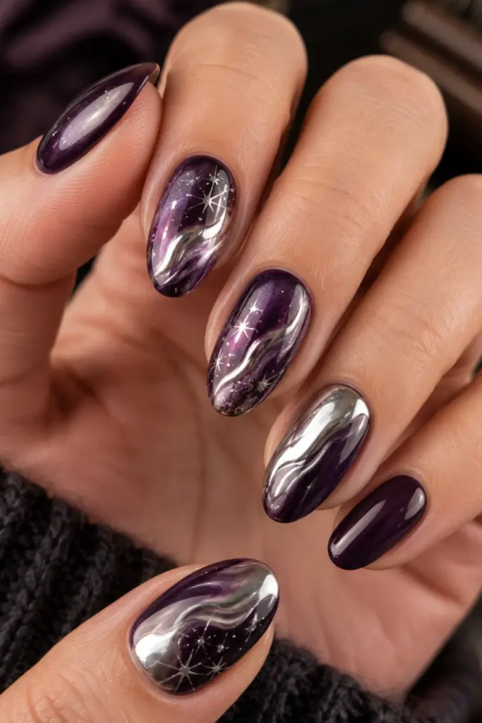Deep purple and silver chrome galaxy-inspired back-to-school nails with dramatic metallic accents and a polished fall aesthetic.