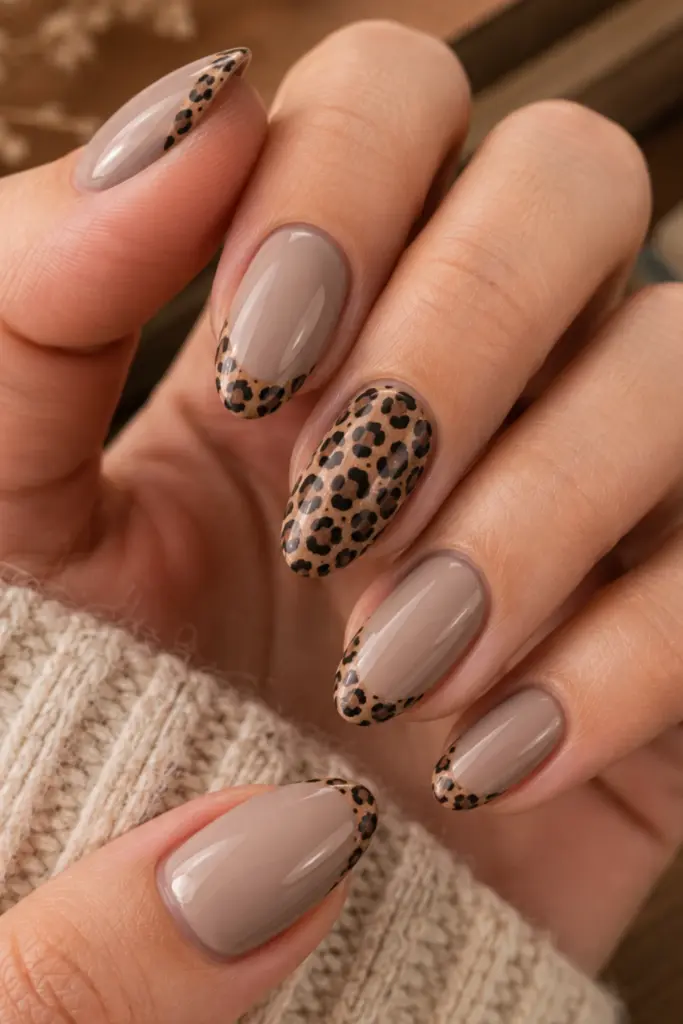 Warm taupe back-to-school nails with delicate leopard-print French tips in sophisticated neutral fall tones.