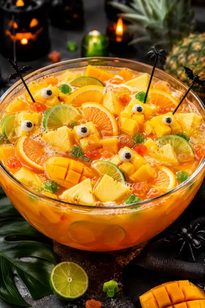 Tropical Monster Jungle Juice made with pineapple juice, mango nectar, orange juice, rum, and tropical fruit, styled as a colorful Halloween party punch.