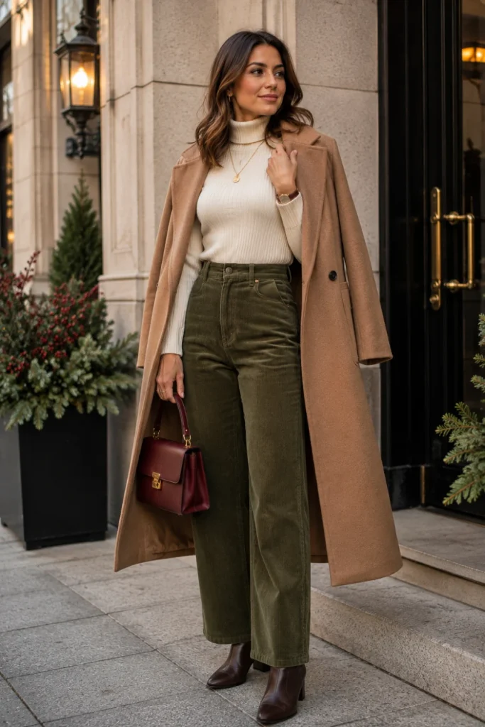 Chic 2026 winter outfit featuring a fitted cream turtleneck, rich olive corduroy pants, ankle boots, and elegant minimalist accessories.