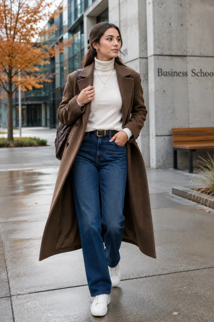 Minimalist winter student outfit featuring a fitted turtleneck, denim jeans, long wool coat and clean sneakers in a modern school setting.